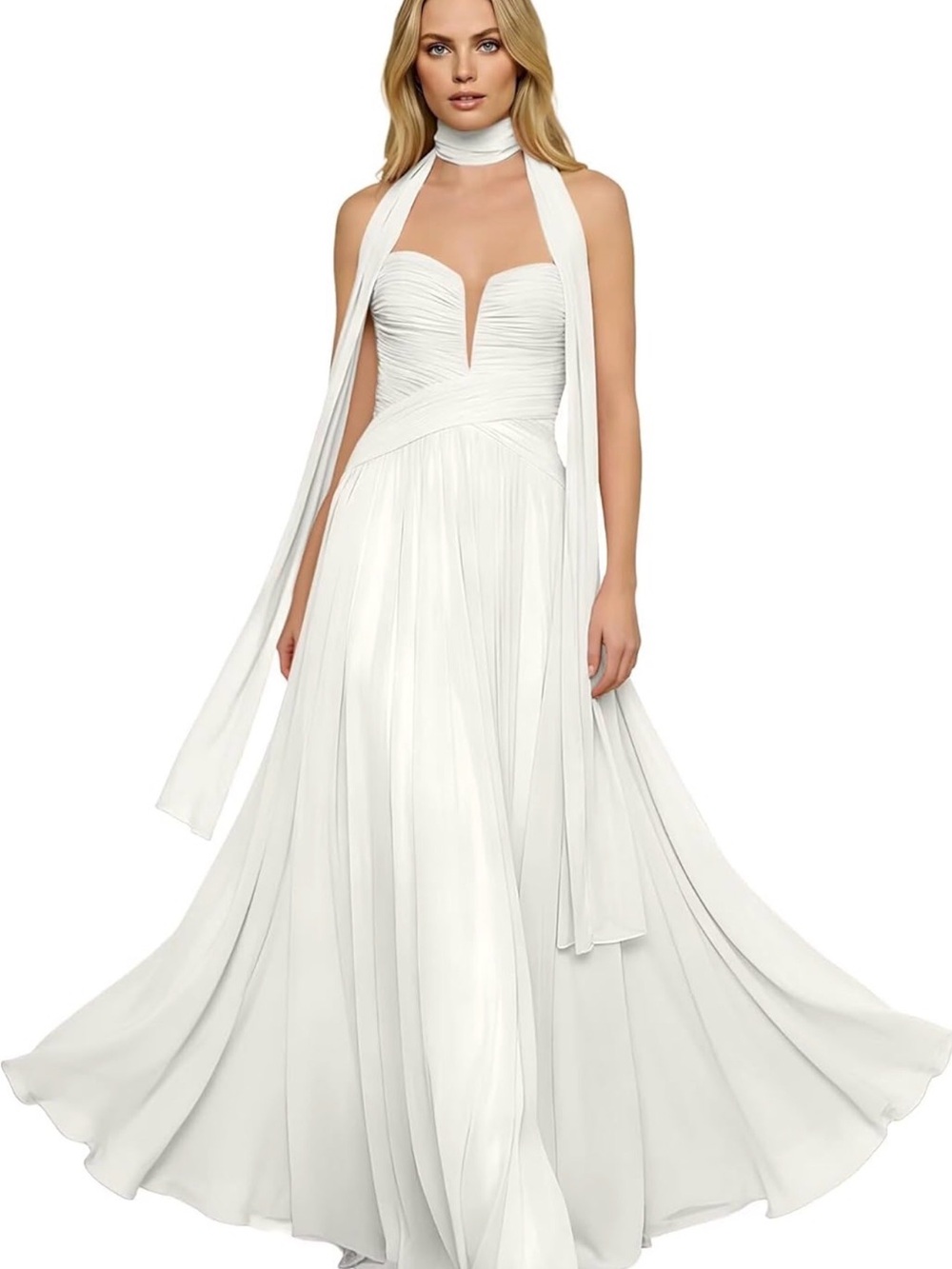 White Strapless Chiffon Evening Gown with corset back and Draped Neck Sash